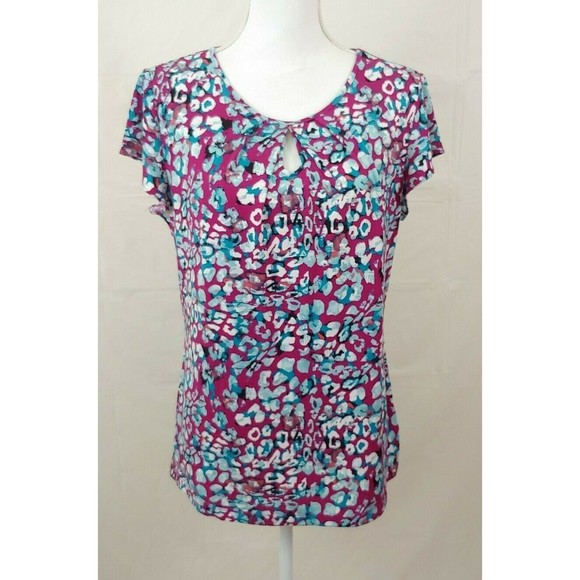 Liz Claiborne Womens Top Medium Short Sleeve Keyhole Stretch Geometric Colorful - Picture 1 of 5